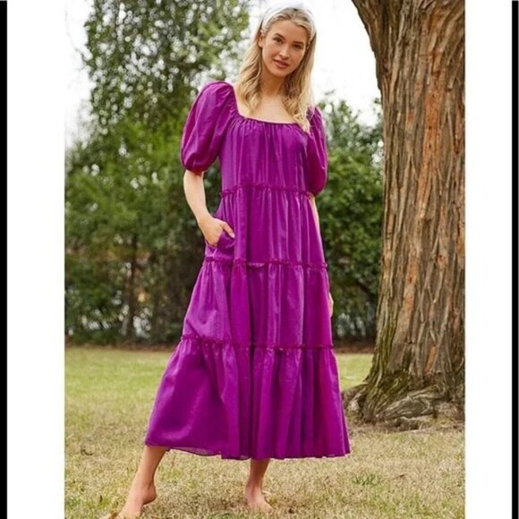 Antonia Melani Women M Rosalia Peasant Dress Tiered Puff Sleeve Silk Purple Boho - Picture 1 of 11